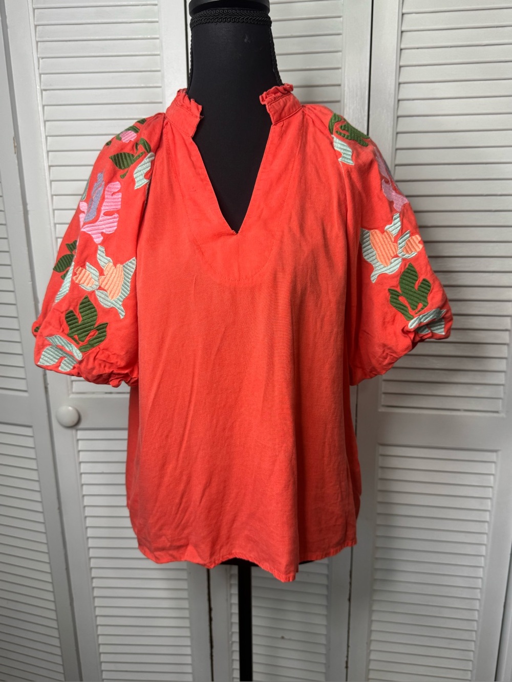 THML Boho Cottagecore Orange V Neck Colorful Embroidered Puff Sleeves Medium